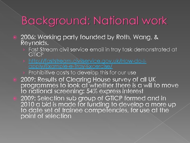 Background: National work 2006: Working party founded by Roth, Wang, & Reynolds. › Fast