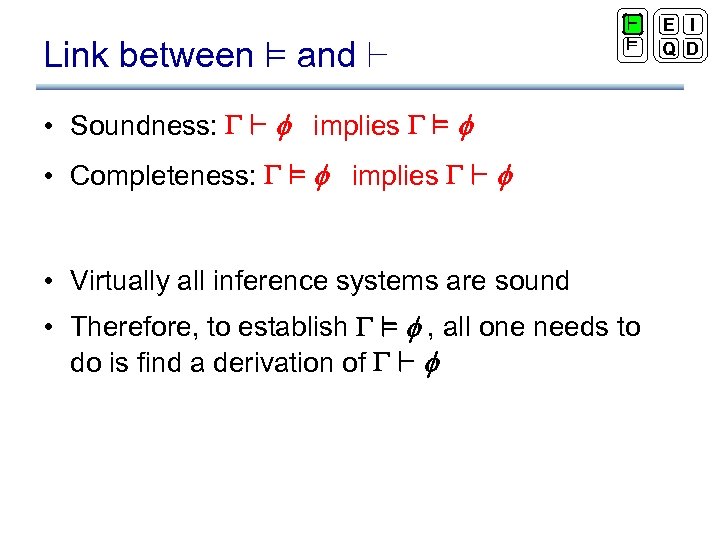 Link between ² and ` ` ² • Soundness: ` implies ² • Completeness: