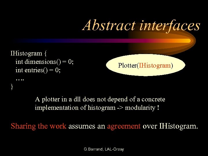 Abstract interfaces IHistogram { int dimensions() = 0; int entries() = 0; …. }