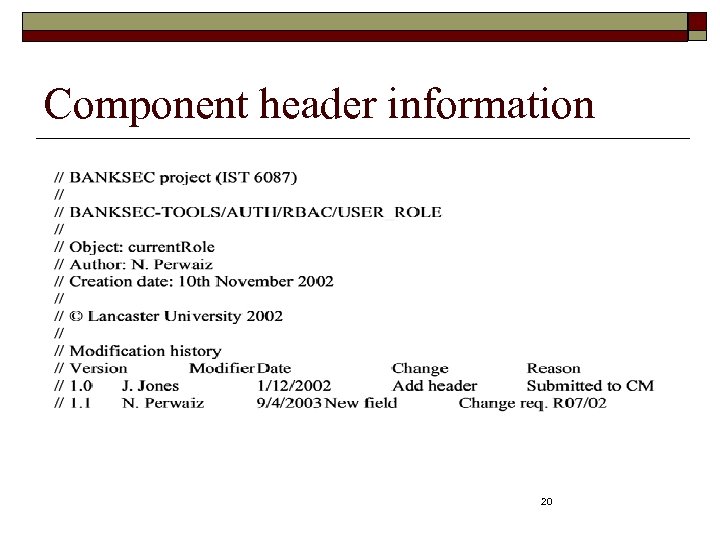 Component header information 20 