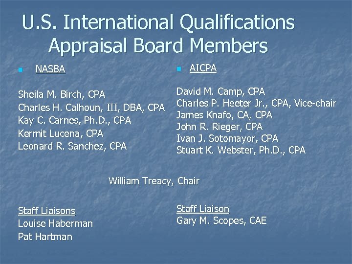 U. S. International Qualifications Appraisal Board Members n NASBA n Sheila M. Birch, CPA