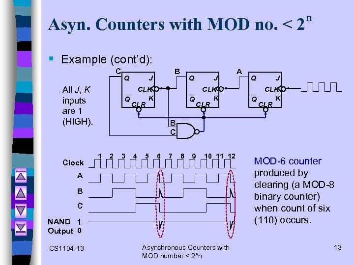 Asyn. Counters with MOD no. < 2 n § Example (cont’d): C All J,