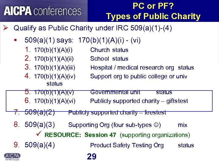 PC or PF? Types of Public Charity Ø Qualify as Public Charity under IRC