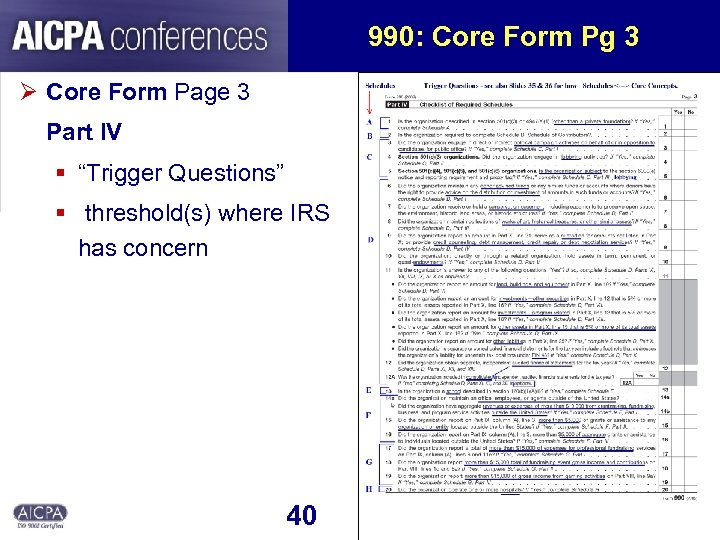 990: Core Form Pg 3 Ø Core Form Page 3 Part IV § “Trigger
