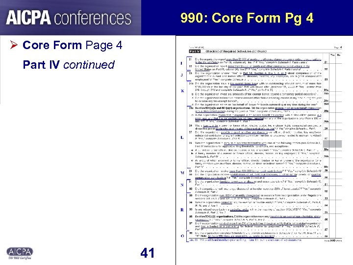 990: Core Form Pg 4 Ø Core Form Page 4 Part IV continued 41
