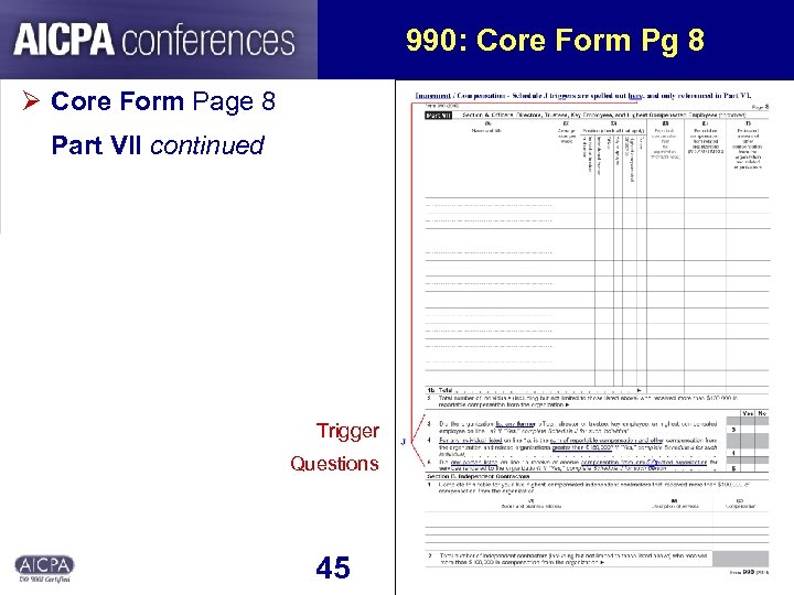 990: Core Form Pg 8 Ø Core Form Page 8 Part VII continued Trigger