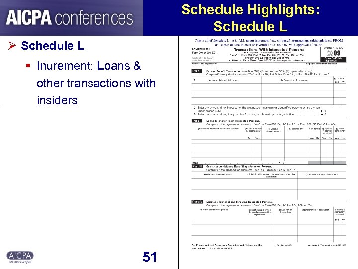 Schedule Highlights: Schedule L Ø Schedule L § Inurement: Loans & other transactions with