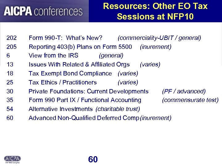 Resources: Other EO Tax Sessions at NFP 10 202 205 6 13 18 25