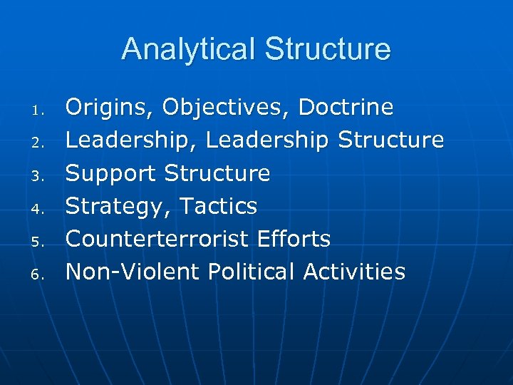 Analytical Structure 1. 2. 3. 4. 5. 6. Origins, Objectives, Doctrine Leadership, Leadership Structure