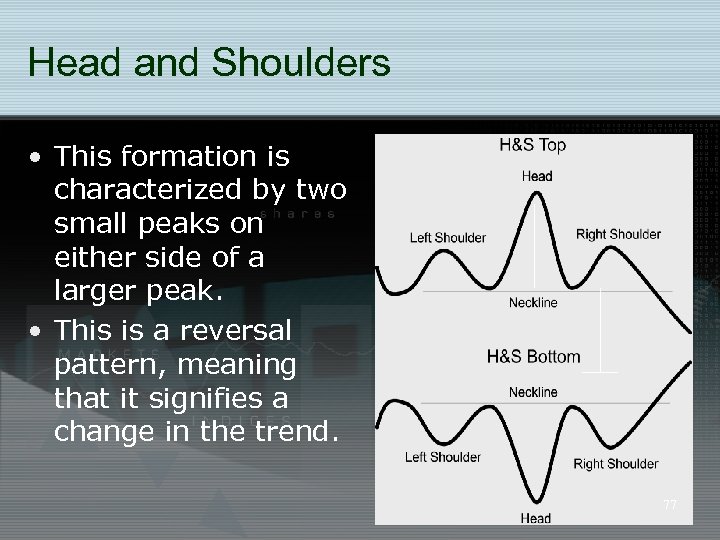 Head and Shoulders • This formation is characterized by two small peaks on either