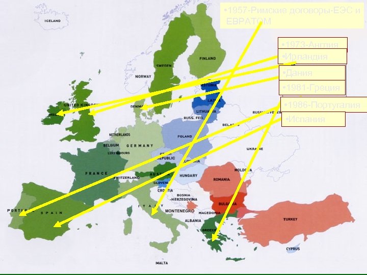  • 1957 -Римские договоры-ЕЭС и ЕВРАТОМ • 1973 -Англия • Ирландия • Дания
