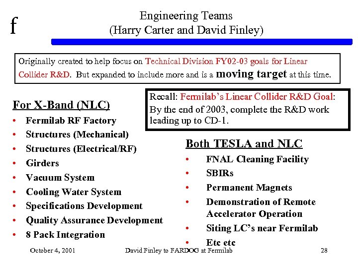 f Engineering Teams (Harry Carter and David Finley) Originally created to help focus on