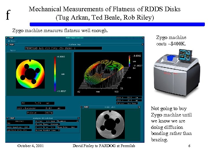 f Mechanical Measurements of Flatness of RDDS Disks (Tug Arkan, Ted Beale, Rob Riley)
