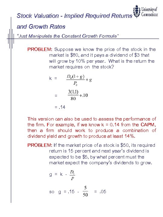 Stock Valuation - Implied Required Returns and Growth Rates “Just Manipulate the Constant Growth