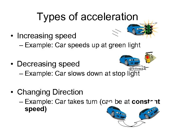 Types of acceleration • Increasing speed – Example: Car speeds up at green light