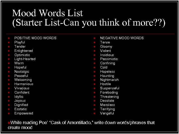 Mood Words List (Starter List-Can you think of more? ? ) n n n