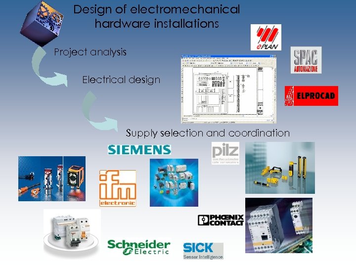 Design of electromechanical hardware installations Project analysis Electrical design Supply selection and coordination 