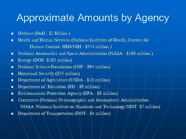 Approximate Amounts by Agency n n n Defense (Do. D ‐ $1 Billion )