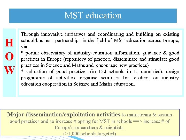 MST education H O W Through innovative initiatives and coordinating and building on existing