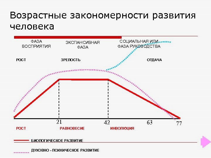 Возрастные закономерности развития человека ФАЗА ВОСПРИЯТИЯ РОСТ ЗРЕЛОСТЬ 21 РОСТ СОЦИАЛЬНАЯ ИЛИ ФАЗА РУКОВОДСТВА