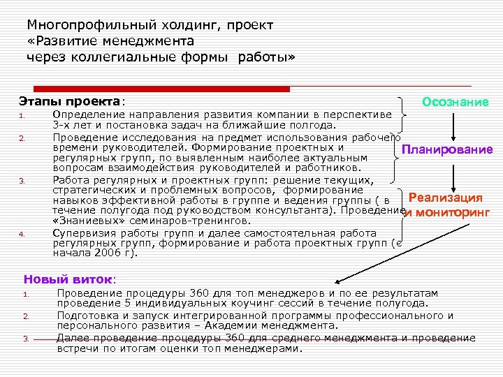 Многопрофильный холдинг, проект «Развитие менеджмента через коллегиальные формы работы» Этапы проекта: 1. 2. 3.