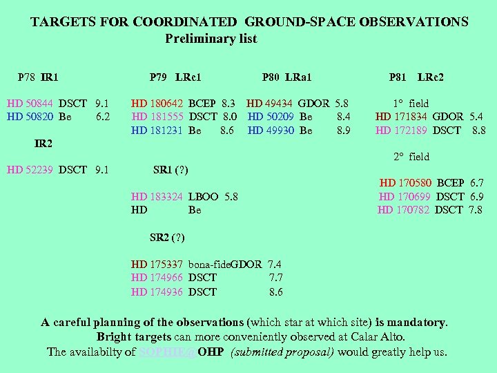 TARGETS FOR COORDINATED GROUND-SPACE OBSERVATIONS Preliminary list P 78 IR 1 HD 50844 DSCT