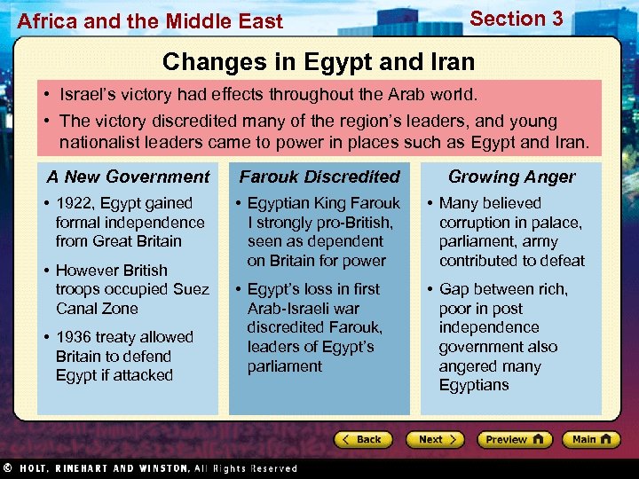 Africa and the Middle East Section 3 Changes in Egypt and Iran • Israel’s