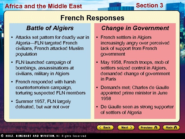Section 3 Africa and the Middle East French Responses Battle of Algiers Change in