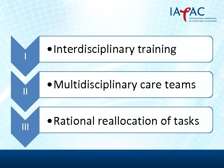 I II III • Interdisciplinary training • Multidisciplinary care teams • Rational reallocation of