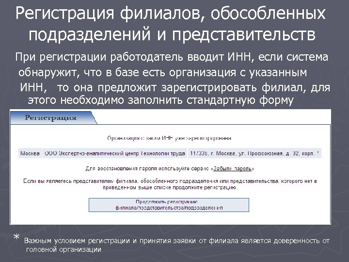 Регистрация филиалов, обособленных подразделений и представительств При регистрации работодатель вводит ИНН, если система обнаружит,