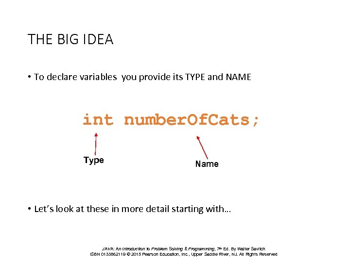 THE BIG IDEA • To declare variables you provide its TYPE and NAME int