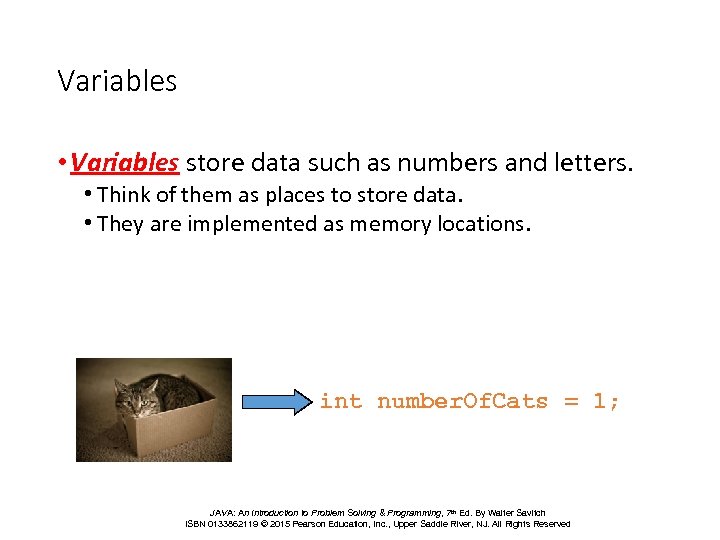 Variables • Variables store data such as numbers and letters. • Think of them