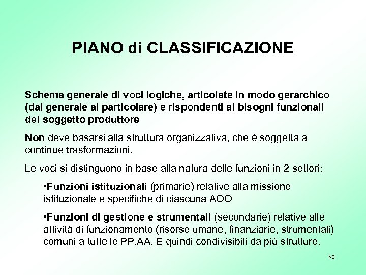 PIANO di CLASSIFICAZIONE Schema generale di voci logiche, articolate in modo gerarchico (dal generale
