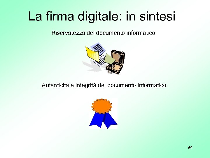 La firma digitale: in sintesi Riservatezza del documento informatico Autenticità e integrità del documento