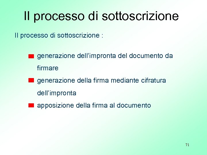 Il processo di sottoscrizione : generazione dell’impronta del documento da firmare generazione della firma