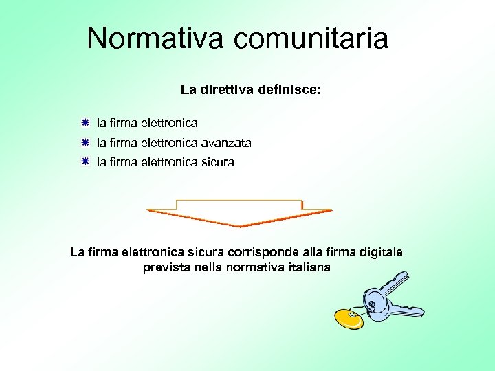 Normativa comunitaria La direttiva definisce: la firma elettronica avanzata la firma elettronica sicura La