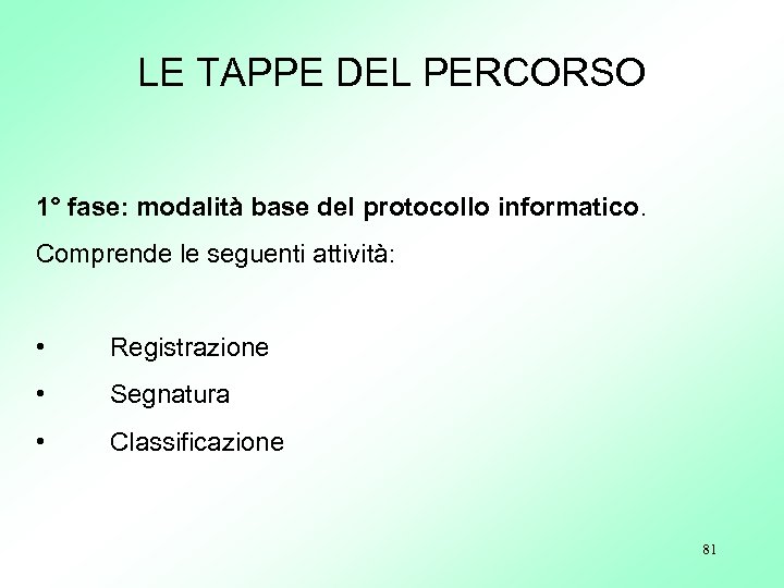 LE TAPPE DEL PERCORSO 1° fase: modalità base del protocollo informatico. Comprende le seguenti