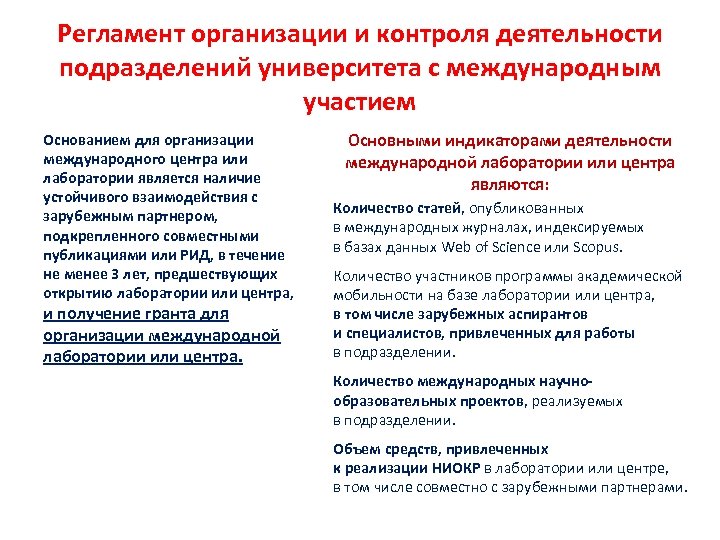 Регламент организации и контроля деятельности подразделений университета с международным участием Основанием для организации международного
