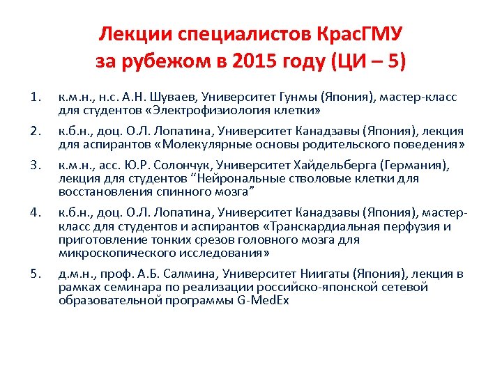 Лекции специалистов Крас. ГМУ за рубежом в 2015 году (ЦИ – 5) 1. 2.