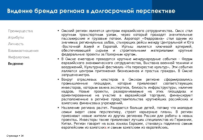Видение бренда региона в долгосрочной перспективе Преимущества Атрибуты Личность Взаимоотношения Мифологема Видение Страница 34