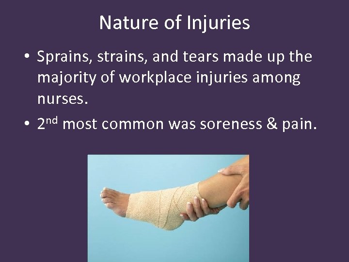 Nature of Injuries • Sprains, strains, and tears made up the majority of workplace