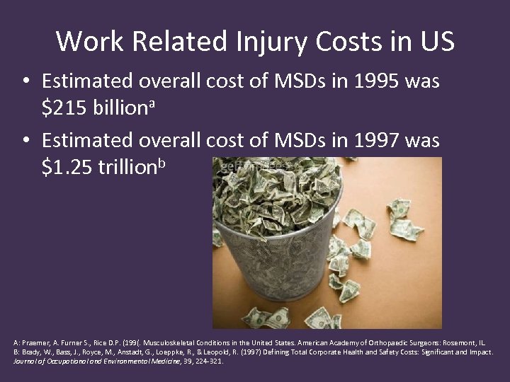 Work Related Injury Costs in US • Estimated overall cost of MSDs in 1995