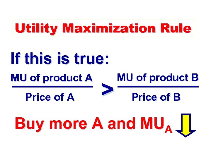 Utility Maximization Rule If this is true: MU of product A Price of A