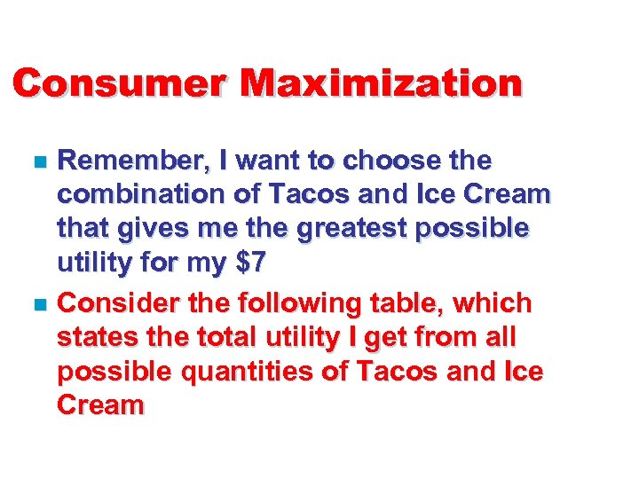 Consumer Maximization Remember, I want to choose the combination of Tacos and Ice Cream