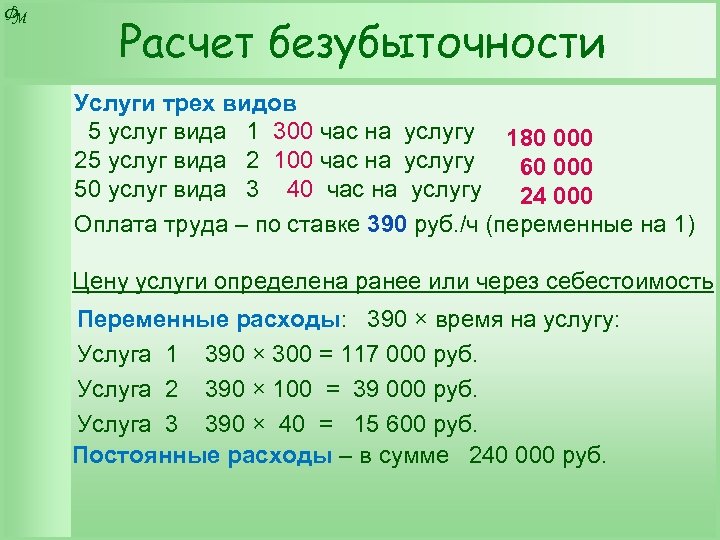 Ф М Расчет безубыточности Услуги трех видов 5 услуг вида 1 300 час на