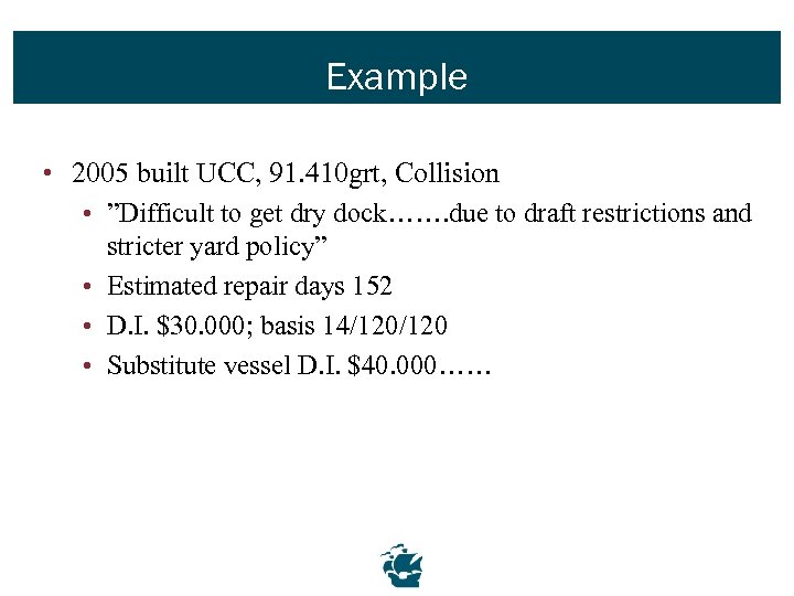 Example • 2005 built UCC, 91. 410 grt, Collision • ”Difficult to get dry