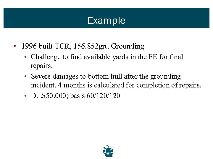 Example • 1996 built TCR, 156. 852 grt, Grounding • Challenge to find available