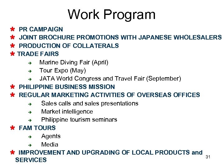 Work Program Ù PR CAMPAIGN Ù JOINT BROCHURE PROMOTIONS WITH JAPANESE WHOLESALERS Ù PRODUCTION