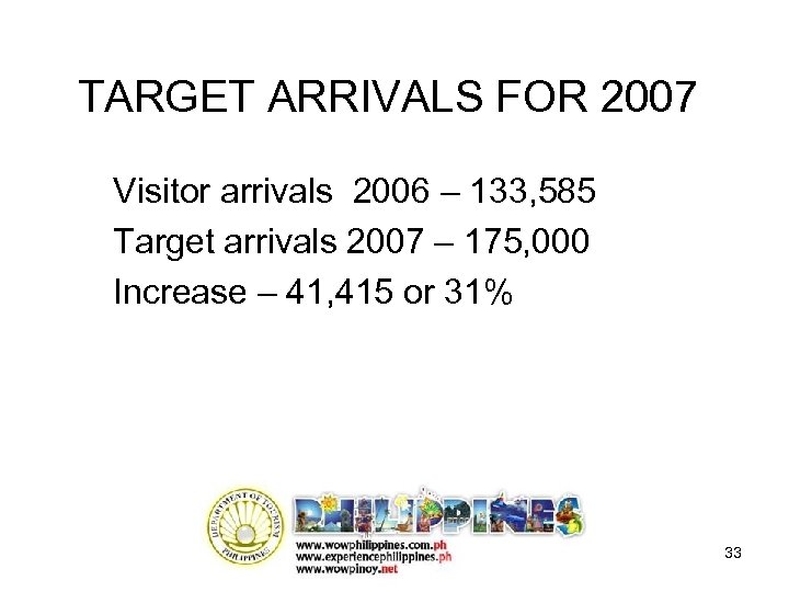 TARGET ARRIVALS FOR 2007 Visitor arrivals 2006 – 133, 585 Target arrivals 2007 –