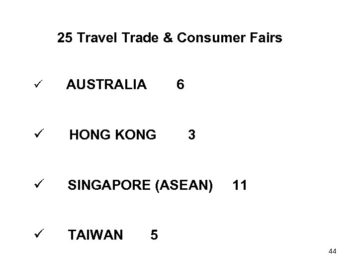 25 Travel Trade & Consumer Fairs ü AUSTRALIA 6 ü HONG KONG ü SINGAPORE